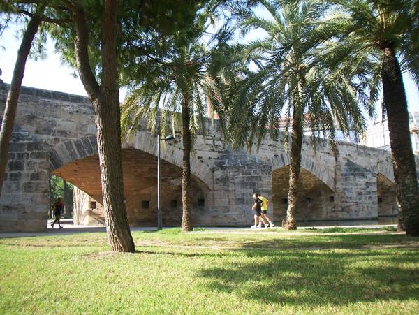 Old stone arch bridge among palm trees, people walking on sunny grass