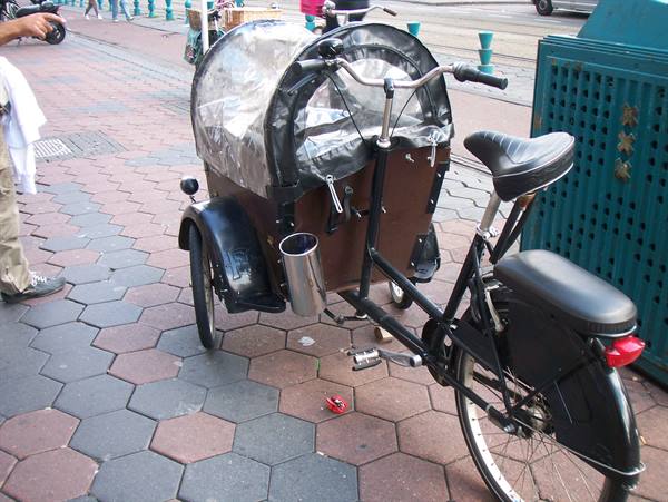 Black cargo tricycle with transparent plastic-covered cabin parked on hexagonal pavement