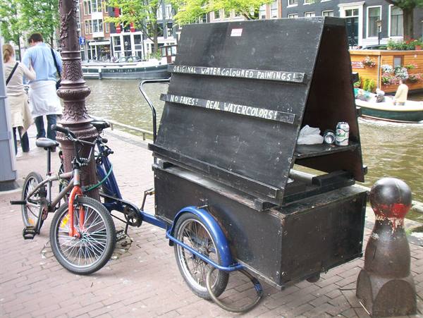 Watercolor vendor cargo trike parked beside an Amsterdam canal