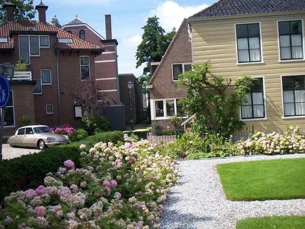 Garden with pink hydrangeas and gravel path in front of Dutch brick and wooden houses