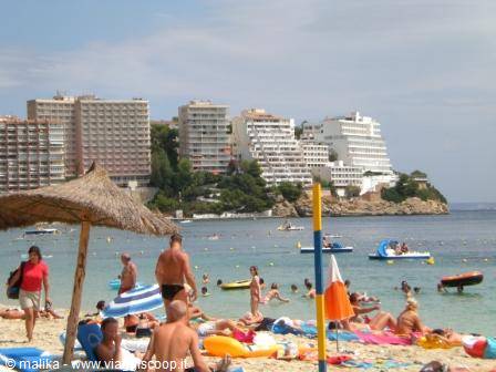 Sunbathers and swimmers on Magaluf beach in front of hotels