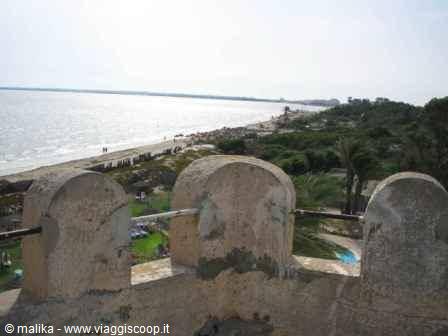 Stone battlements overlooking the beach and sea in Hammamet