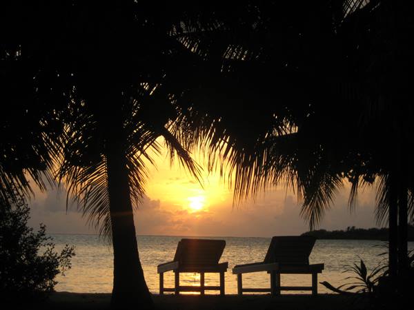 Two wooden loungers silhouetted under palm fronds as the sun sets over the sea