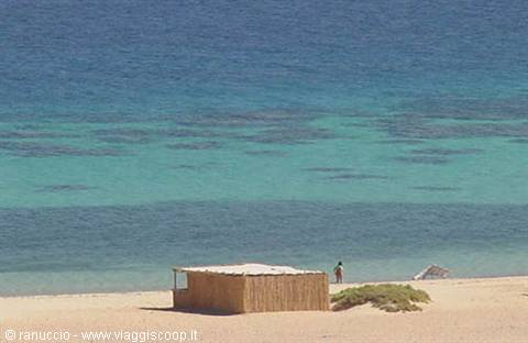 Straw hut on the sand in front of turquoise sea, man walking