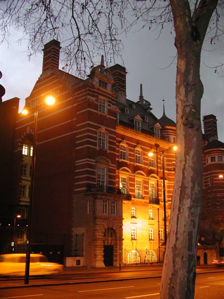 Red and white brick building lit at night, plane tree in foreground, London