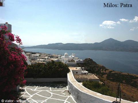 Pink bougainvillea over Milos whitewashed wall, white houses and blue gulf below