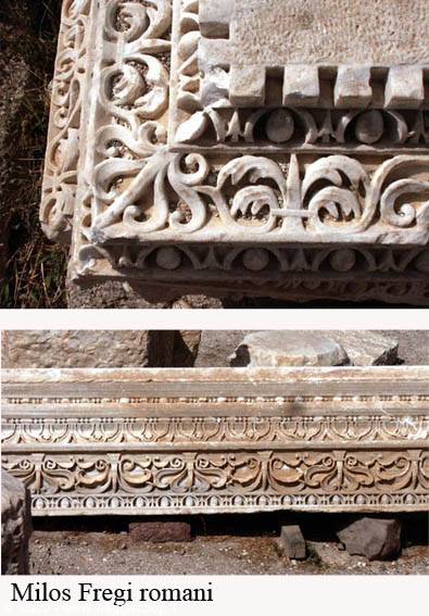 Milos, Roman marble friezes carved with acanthus and plant motifs in daylight