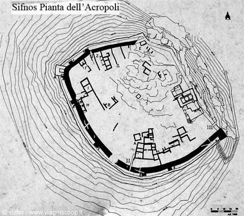 Site plan of Sifnos acropolis, map showing walls and contour lines