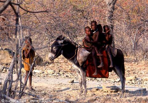 Himba children riding a donkey among dry bushes, another child standing nearby