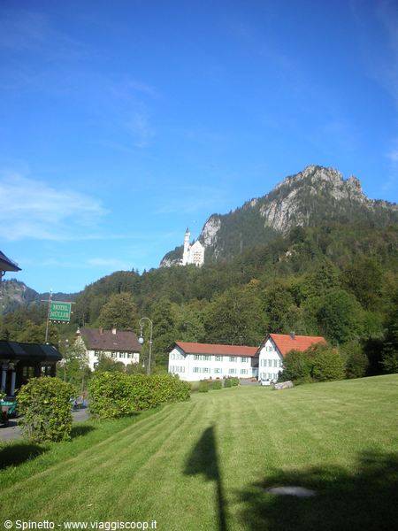 Neuschwanstein castle rises among trees above Bavarian houses