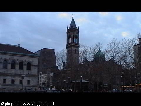 Stone bell tower of Old South Church in Boston at dusk
