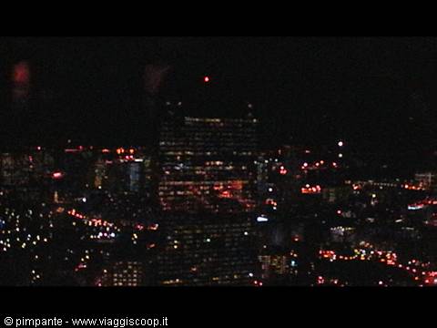 Illuminated skyscrapers at night, red city lights in the dark