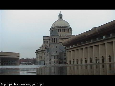 The Mother Church dome in Boston reflecting in the shallow pool