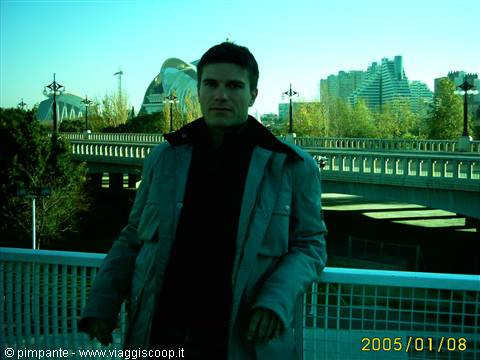 Young man in gray jacket on a bridge, City of Arts and Sciences behind
