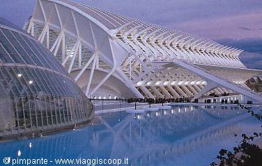 City of Arts and Sciences in Valencia, white Calatrava structures reflected in the pool