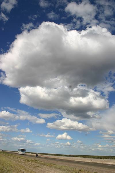 A white bus travels a straight road under huge white clouds in blue sky