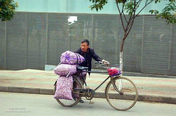 Man pushing a black bicycle loaded with floral-wrapped bundles along the street
