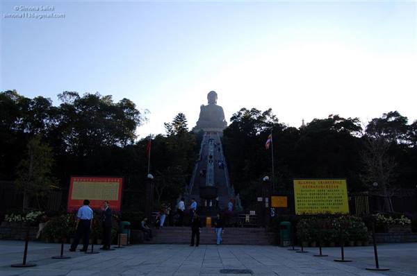 Visitors climbing the long staircase to the giant bronze Buddha among trees