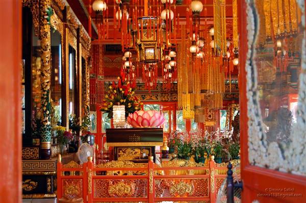 Inside Po Lin Monastery, red lanterns, lotus flowers and golden carvings