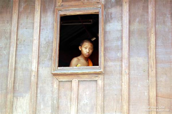 Young monk in orange robe looks out from wooden window