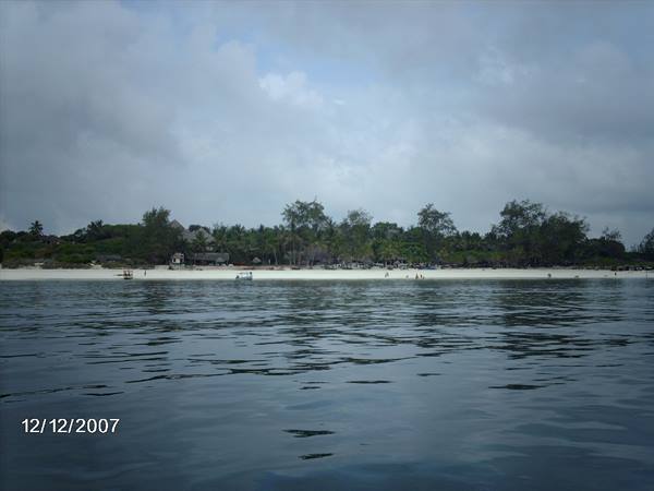 White sand beach with palm trees and boats seen from the sea