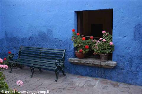 Green bench against blue wall, red geraniums on the window, Monasterio de Santa Catalina