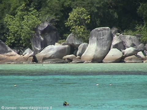 Snorkeler in turquoise water in front of giant granite boulders and trees