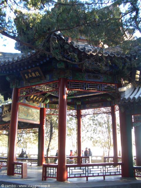 Chinese pavilion with red columns and green tiles, visitors beneath the branches