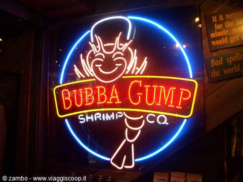 Red and blue neon sign of the Bubba Gump Shrimp Co restaurant