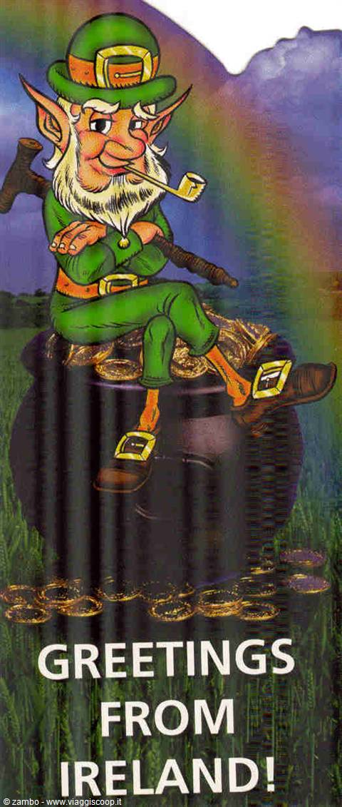 Illustrated postcard of a green leprechaun sitting on a gold cauldron, rainbow