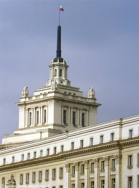 Spire with Bulgarian flag atop the former Communist Party House, Sofia's Largo