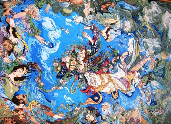 Persian carpet woven with miniature dancers and horsemen, Esfahan