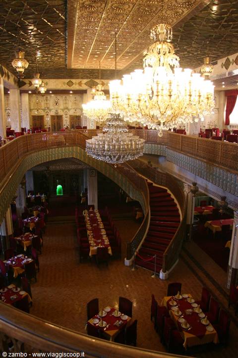 Restaurant hall with crystal chandeliers and mirrorwork in Yazd