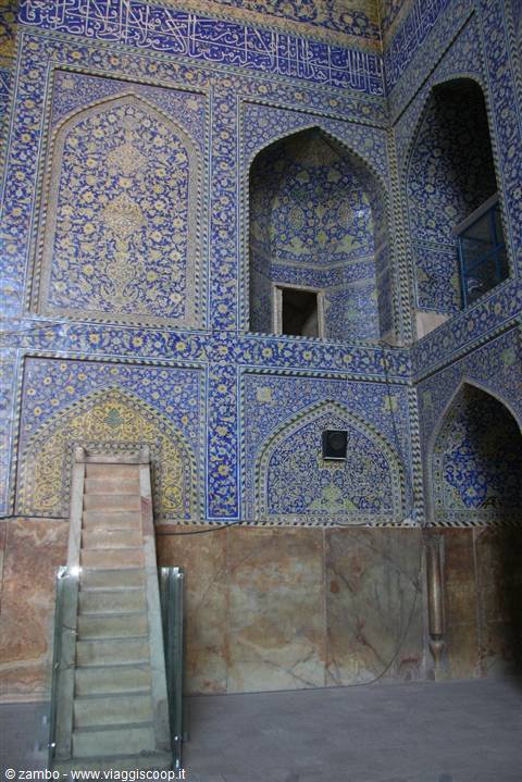 Mosque interior with blue tiles and stone staircase, Esfahan