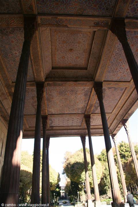 Wooden colonnade of Chehel Sotoun pavilion in Esfahan, painted ceiling