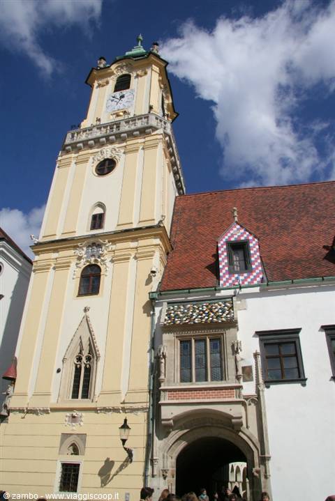 The Old Town Hall tower in Bratislava above the Gothic gateway