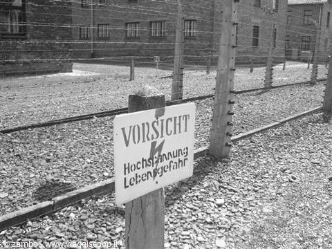 Sign 'Vorsicht Hochspannung' on the barbed wire fence at Auschwitz