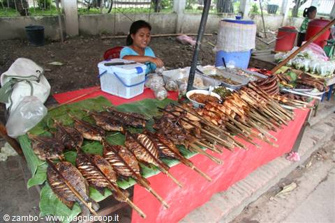 Woman selling grilled fish and meat skewers on bamboo sticks at street market