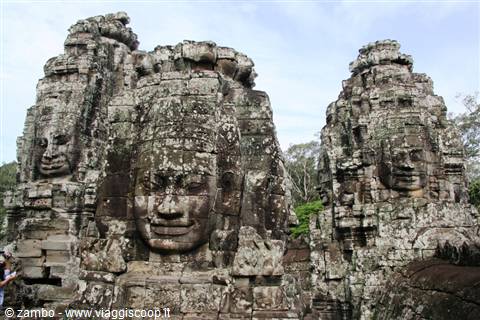 Carved stone faces on the towers of Bayon temple, Angkor
