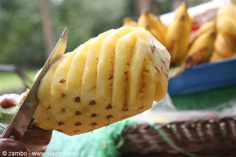 Fresh pineapple being carved with a knife, bananas piled behind at the market