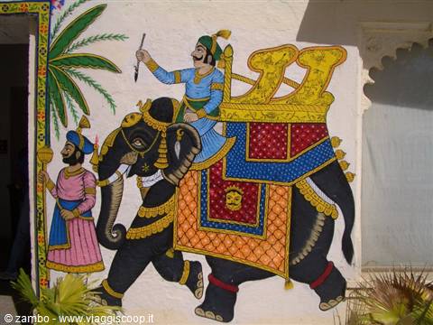 Mural of a turbaned king riding an adorned elephant, Udaipur