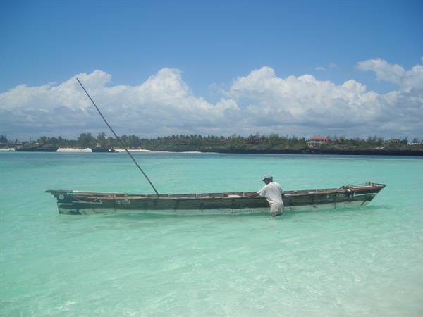 Fisherman beside a wooden dhow in turquoise water, palm-lined shore behind