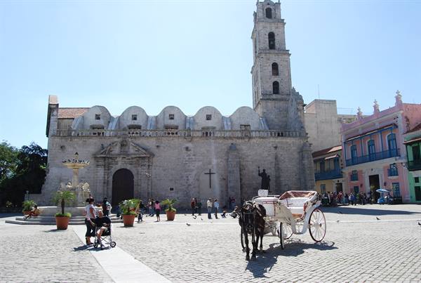 White horse carriage in front of San Francisco Basilica, Havana