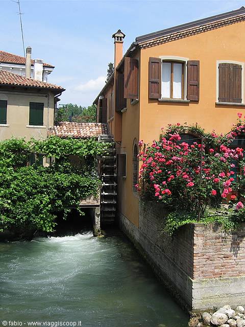 Wooden waterwheel beside ochre houses and blooming roses along the canal