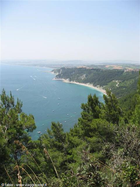 Turquoise sea of Gargano with white coves and pines above anchored boats