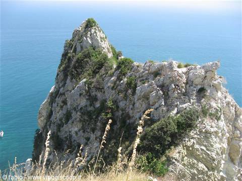 Limestone crag dotted with green shrubs plunging into turquoise sea