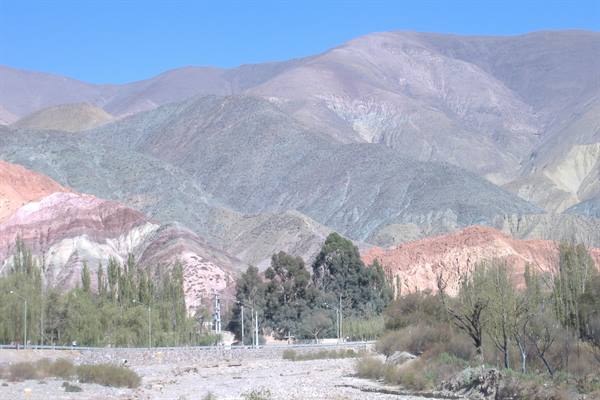 Multicolored hills above Purmamarca, trees and road in morning light
