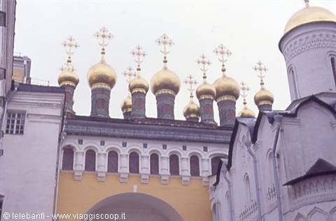 The golden domes of the Terem Churches in the Moscow Kremlin