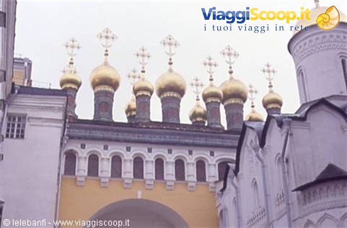 The golden domes of the Terem Churches in the Moscow Kremlin