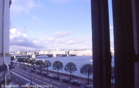 Neva River with bridge and cars seen from a window in Saint Petersburg
